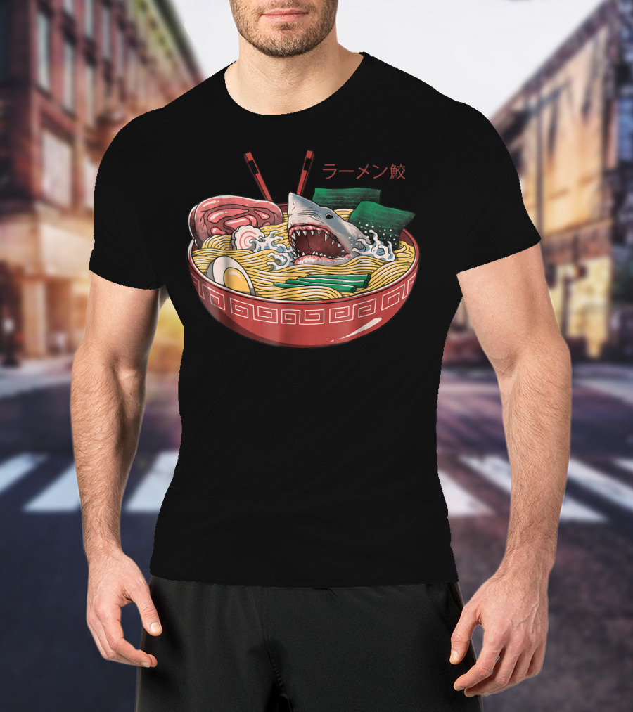 Ramen Shark Noodle Bowl Kaiju Monster Comic T-Shirt