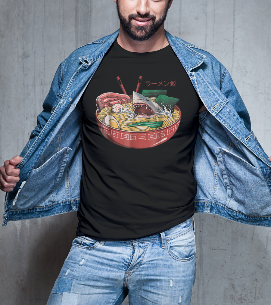 Ramen Shark Noodle Bowl Kaiju Monster Comic T-Shirt