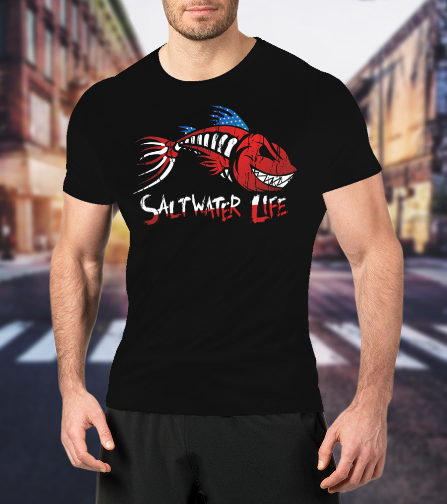 Saltwater Life American Flag Fish Skeleton T-Shirt