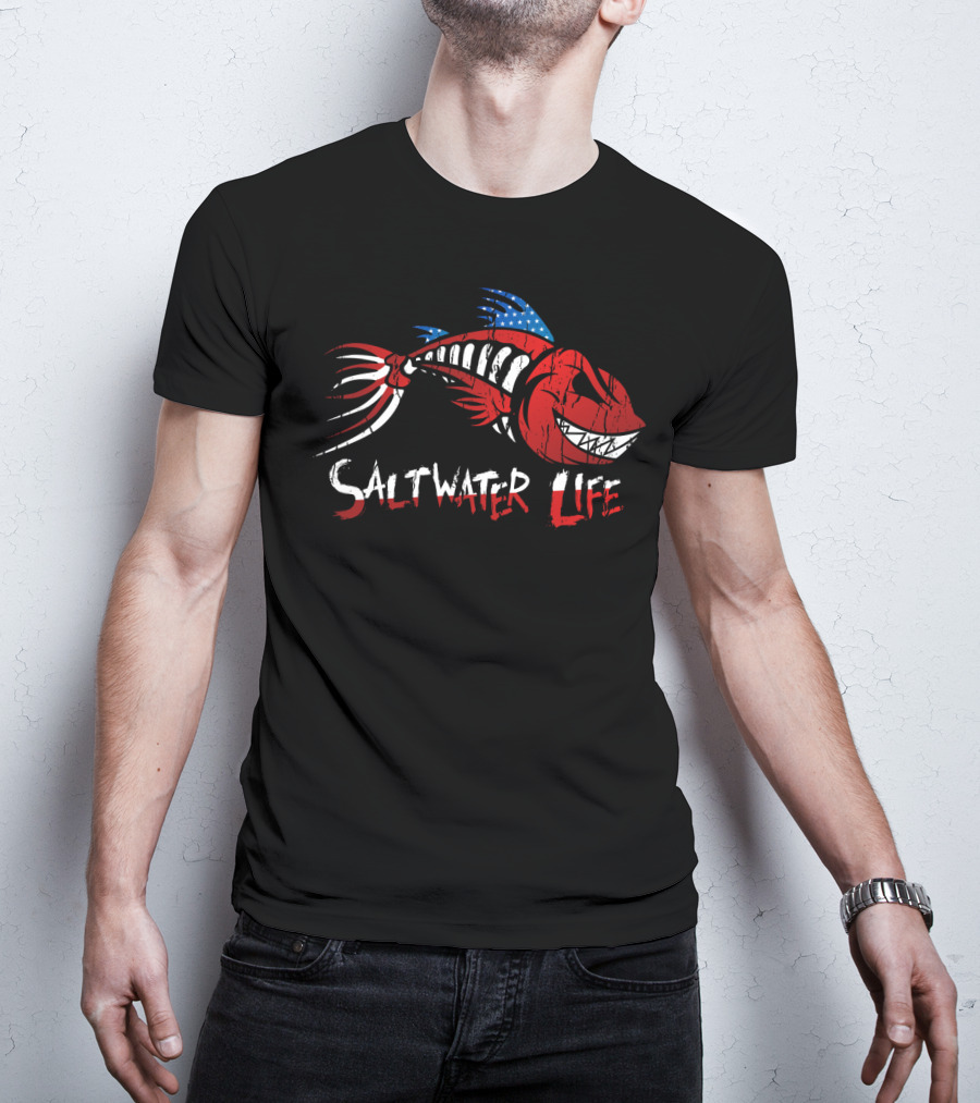 Saltwater Life American Flag Fish Skeleton T-Shirt