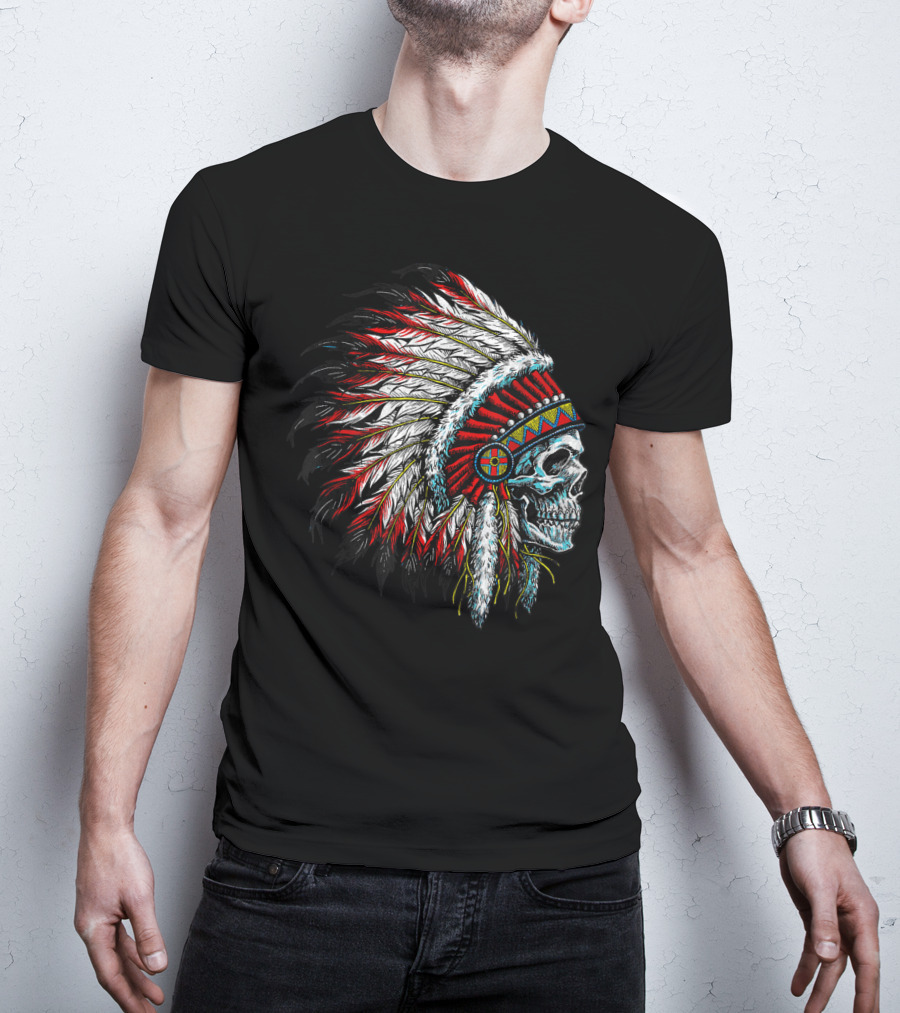 Skull Native Indian Chief Eagle Feather Headdress Vintage American T-Shirt