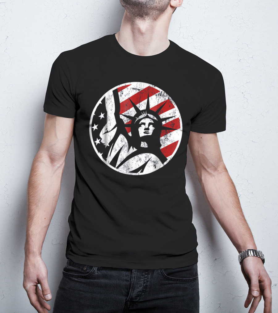 Statue Of Liberty NYC American Flag Circle Stars Stripes T-Shirt