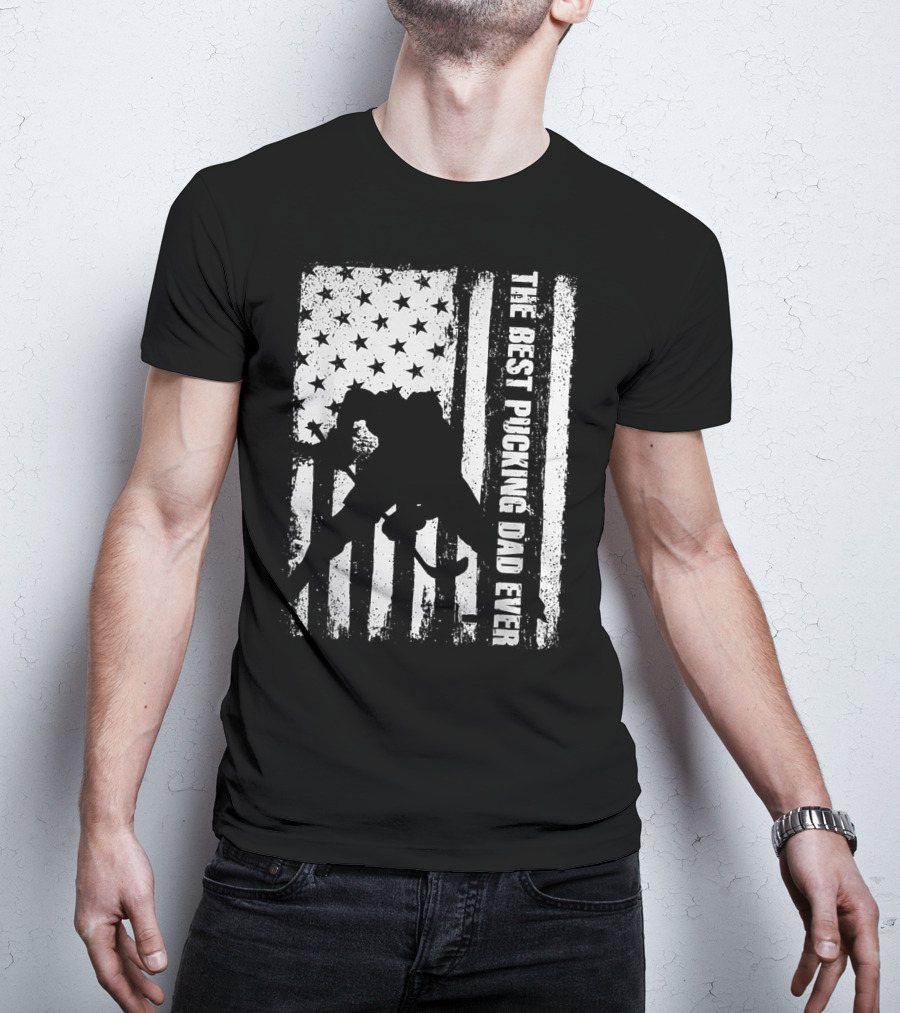 The Best Pucking Dad Ever Flag Hockey Silhouette Stars Stripes T-Shirt