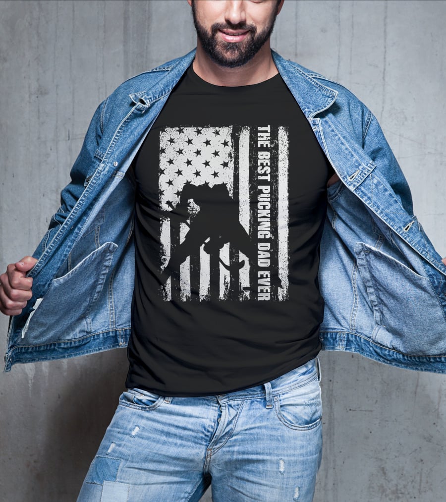 The Best Pucking Dad Ever Flag Hockey Silhouette Stars Stripes T-Shirt