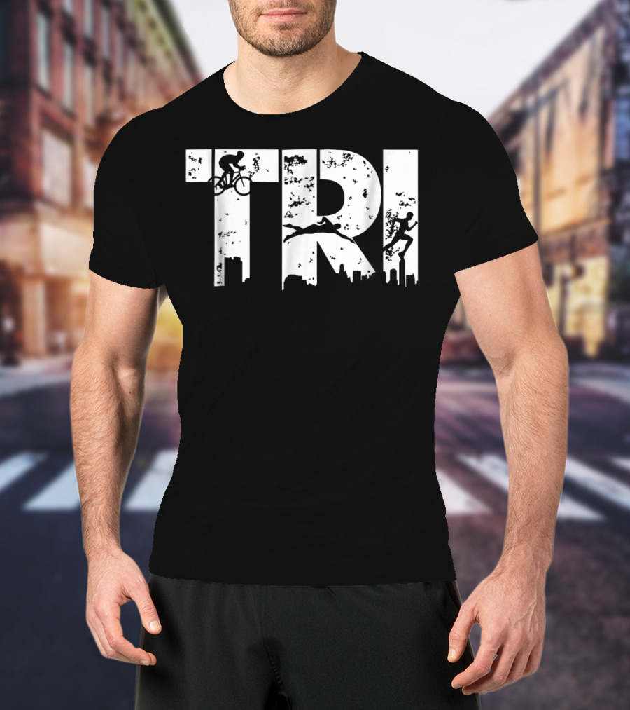 Triathlon Endurance Sports Triathlete Cycling Swimming Running Skyline T-Shirt