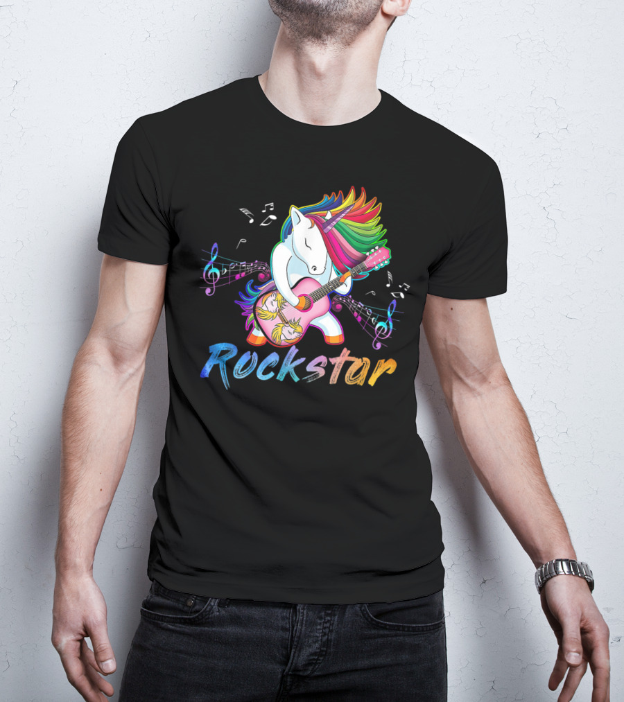 Unicorn Rockstar Rainbow Guitar Music Notes T-Shirt
