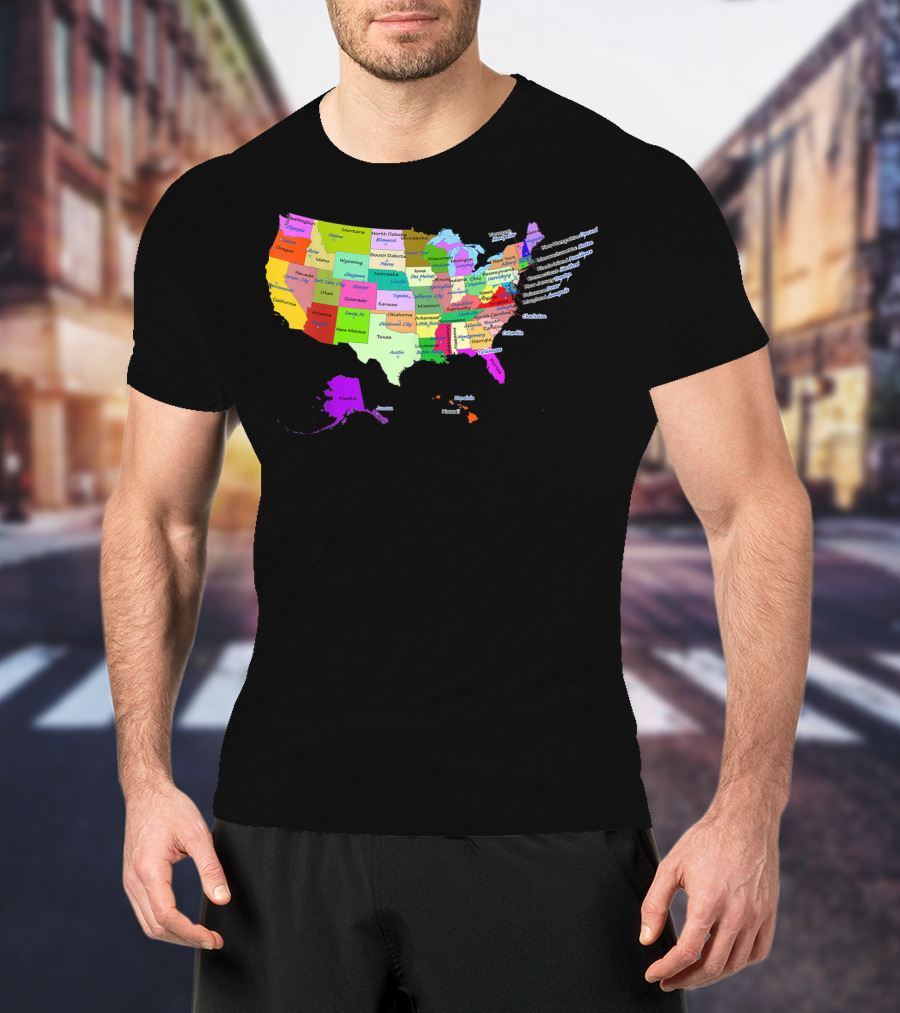 USA Map Displaying States And Capital Cities In Vibrant Colors T-Shirt