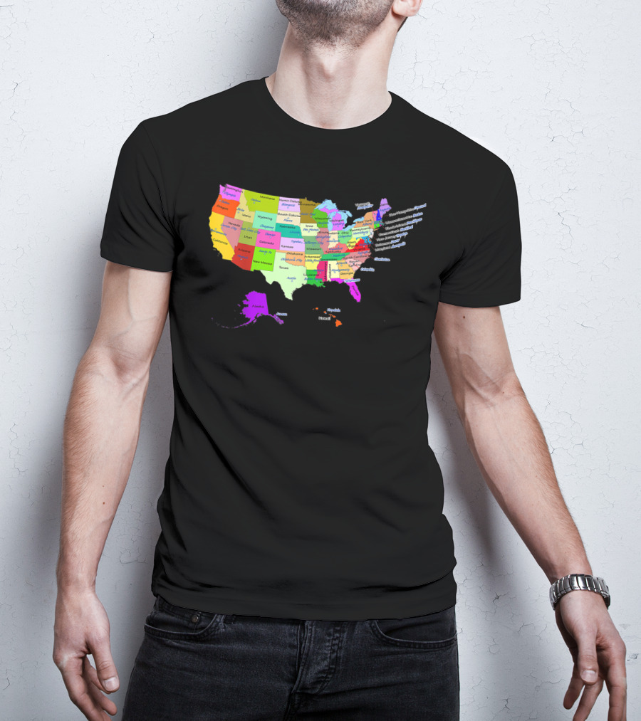 USA Map Displaying States And Capital Cities In Vibrant Colors T-Shirt