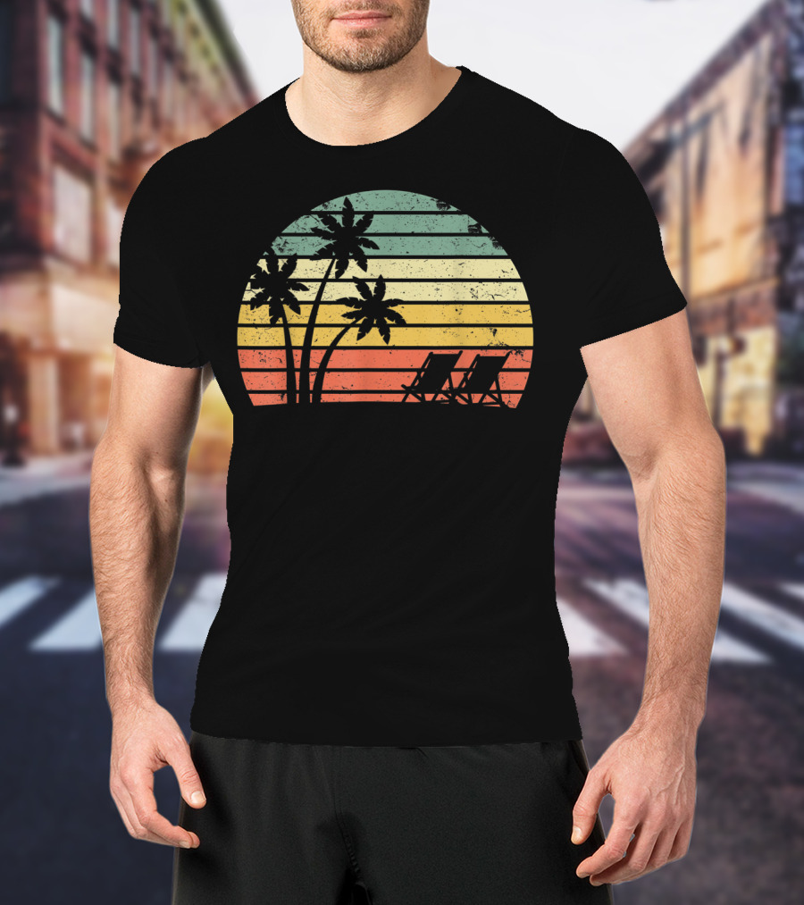 Retro Sunset Palm Trees With Beach Chair T-Shirt