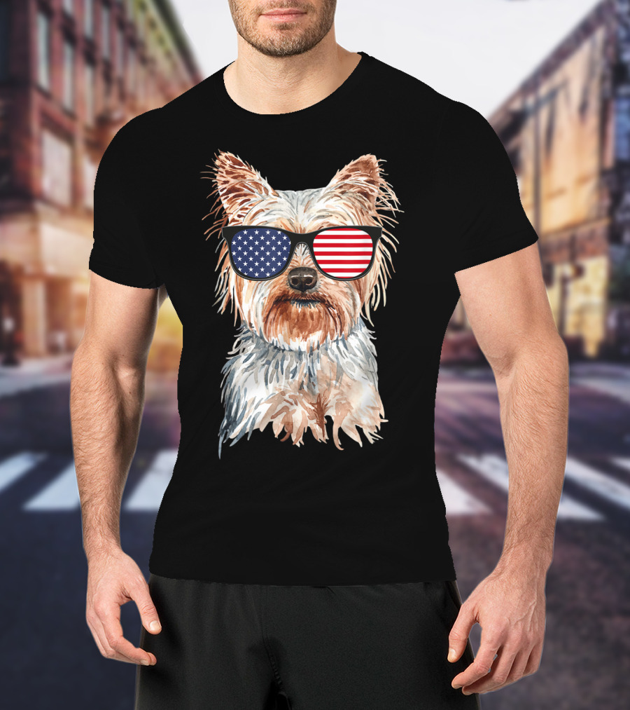 Yorkie Dog With American Flag Sunglasses Patriotic T-Shirt