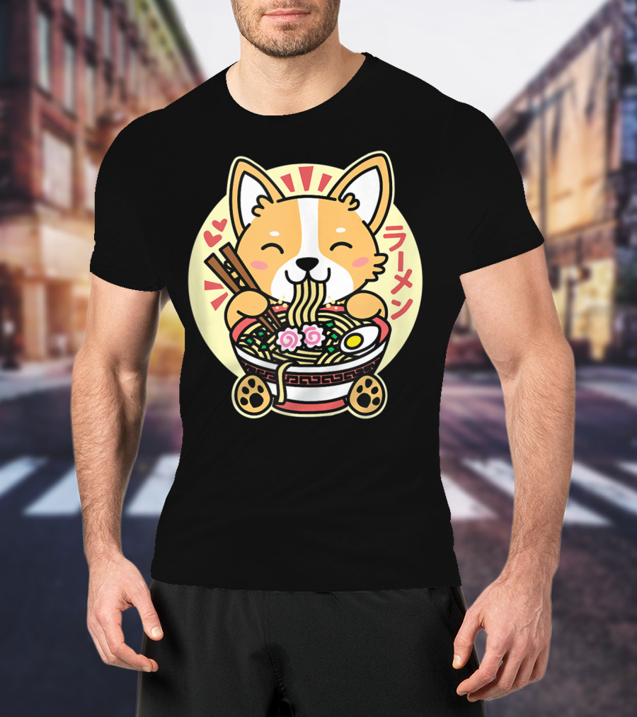 Kawaii Corgi Ramen Cute Anime Dog Japanese Noodles T-Shirt