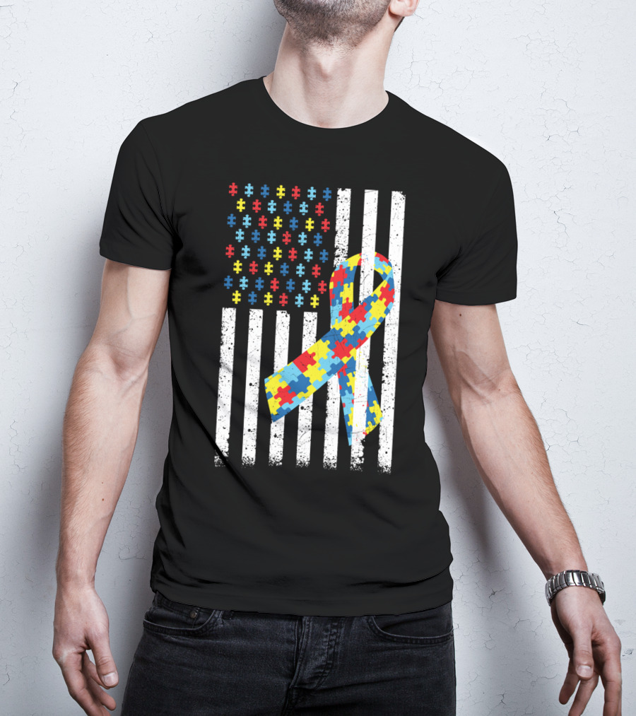American Flag Jigsaw Puzzle Ribbon Autism Awareness T-Shirt
