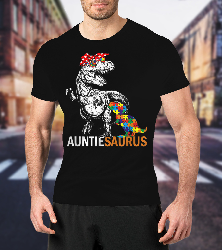 Auntie Saurus Autism Awareness Dinosaur With Puzzle Pieces And Bow T-Shirt