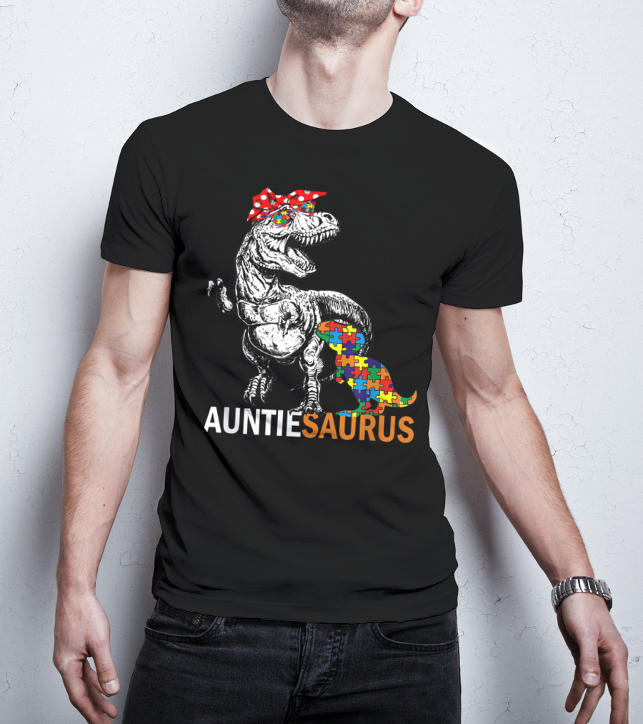 Auntie Saurus Autism Awareness Dinosaur With Puzzle Pieces And Bow T-Shirt