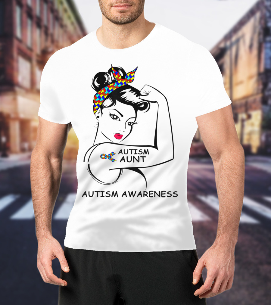 Autism Aunt Awareness Strong Puzzle Ribbon Rosie T-Shirt