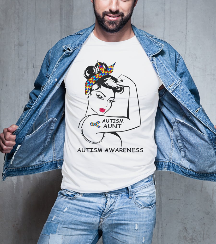 Autism Aunt Awareness Strong Puzzle Ribbon Rosie T-Shirt