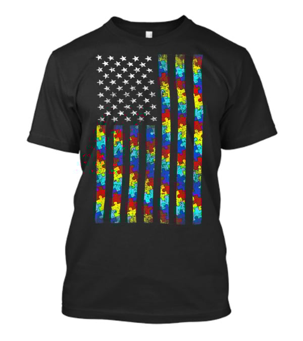 Autism Awareness Puzzle Piece American Flag T-Shirt