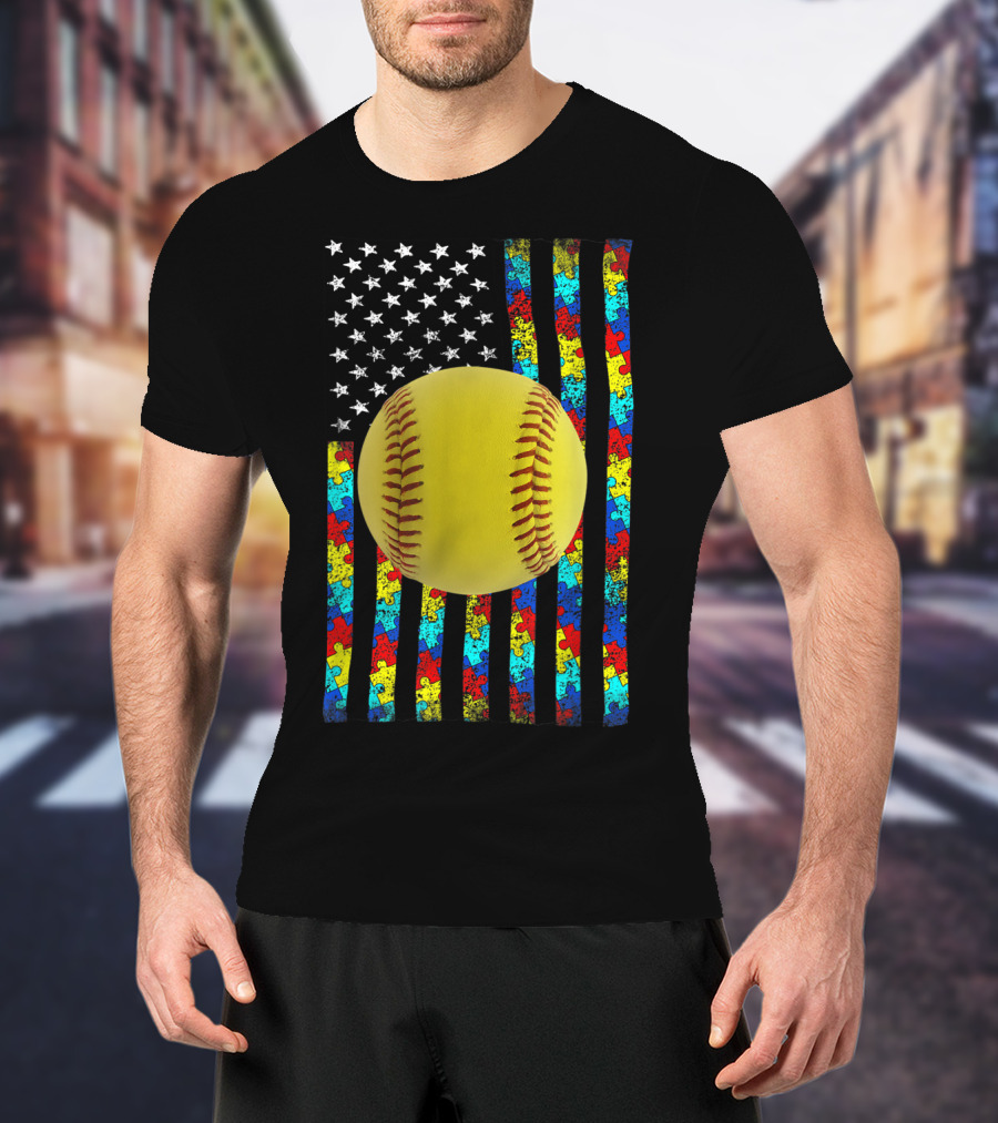 Autism Awareness American Flag Softball Puzzle Piece Stripes T-Shirt