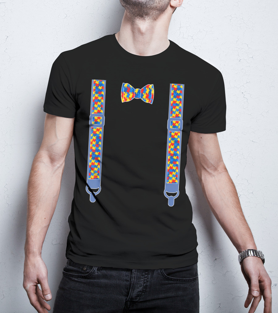 Autism Awareness Puzzle Piece Bow Tie And Suspenders T-Shirt