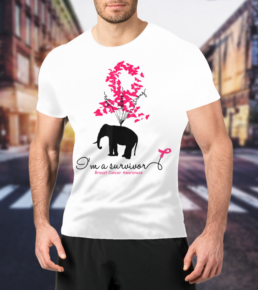 I'm A Survivor Breast Cancer Awareness Pink Ribbon Butterfly Elephant T-Shirt