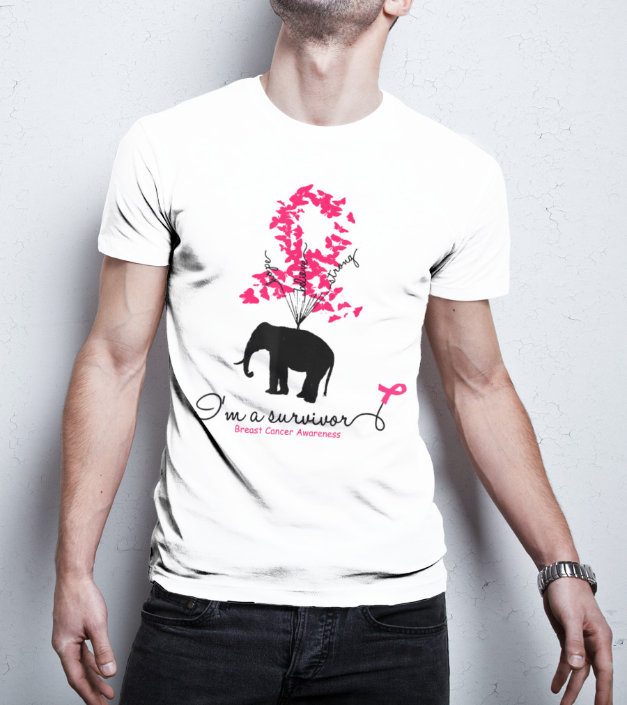 I'm A Survivor Breast Cancer Awareness Pink Ribbon Butterfly Elephant T-Shirt