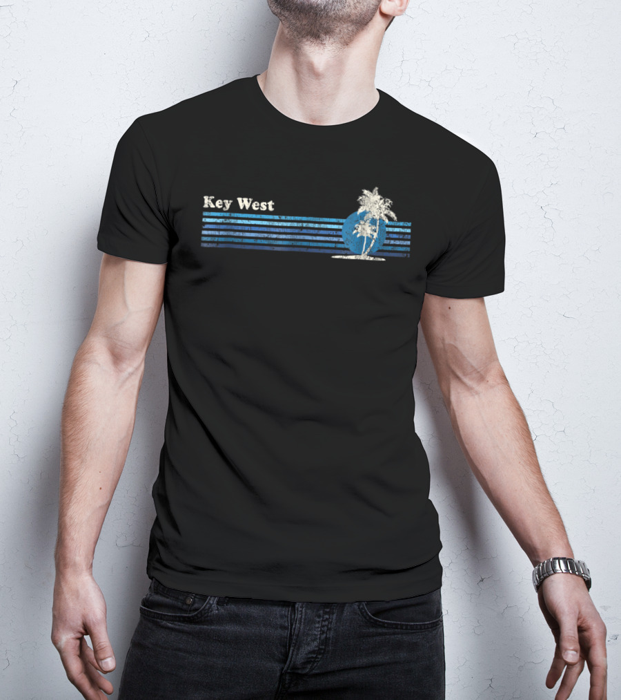 Key West FL Vintage 80s Palm Trees Sunset Retro Blue Stripes T-Shirt