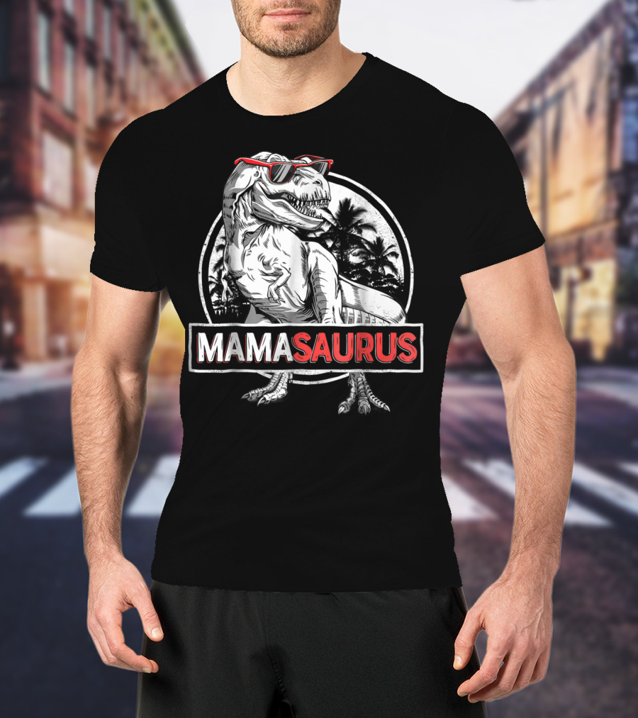 Mamasaurus Rex Dinosaur With Sunglasses And Palm Trees T-Shirt