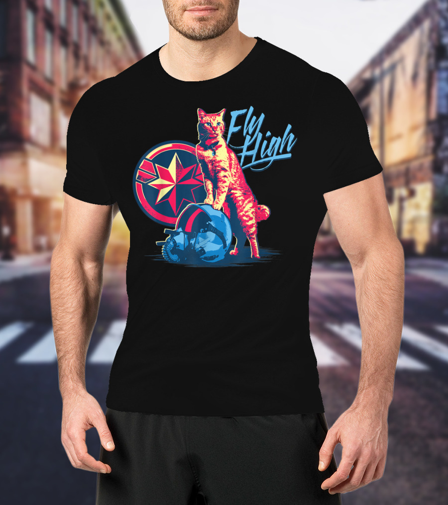 Captain Marvel Fly High Goose Cat Helmet Star T-Shirt