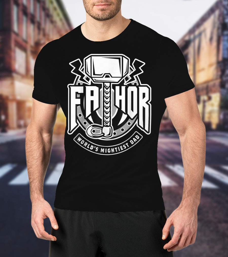 Mens Fathor World's Mightiest Dad Funny Cool Vik Hammer And Lightning T-Shirt