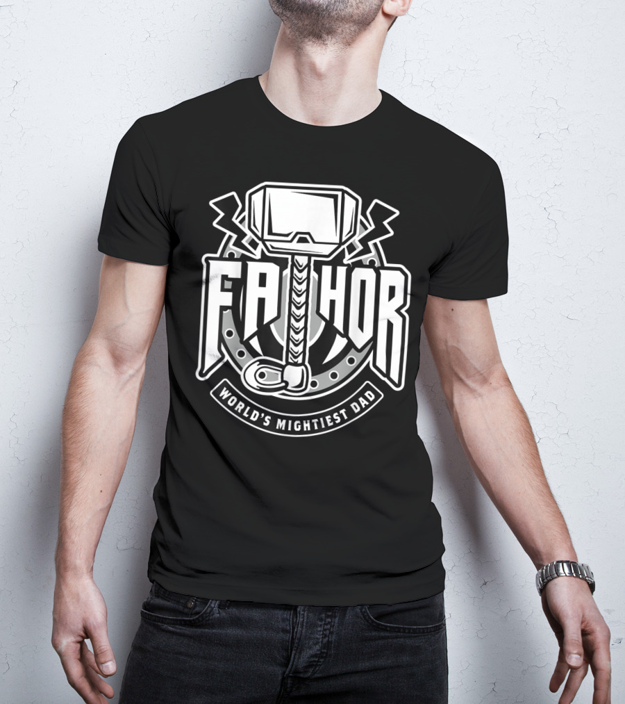 Mens Fathor World's Mightiest Dad Funny Cool Vik Hammer And Lightning T-Shirt