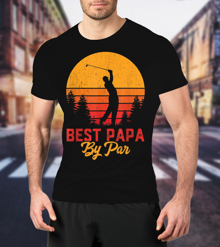 Mens Funny Father's Day Best Papa By Par Golf Silhouette Sunset T-Shirt