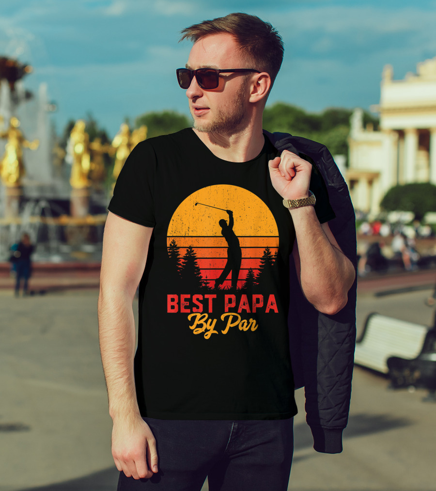 Mens Funny Father's Day Best Papa By Par Golf Silhouette Sunset T-Shirt