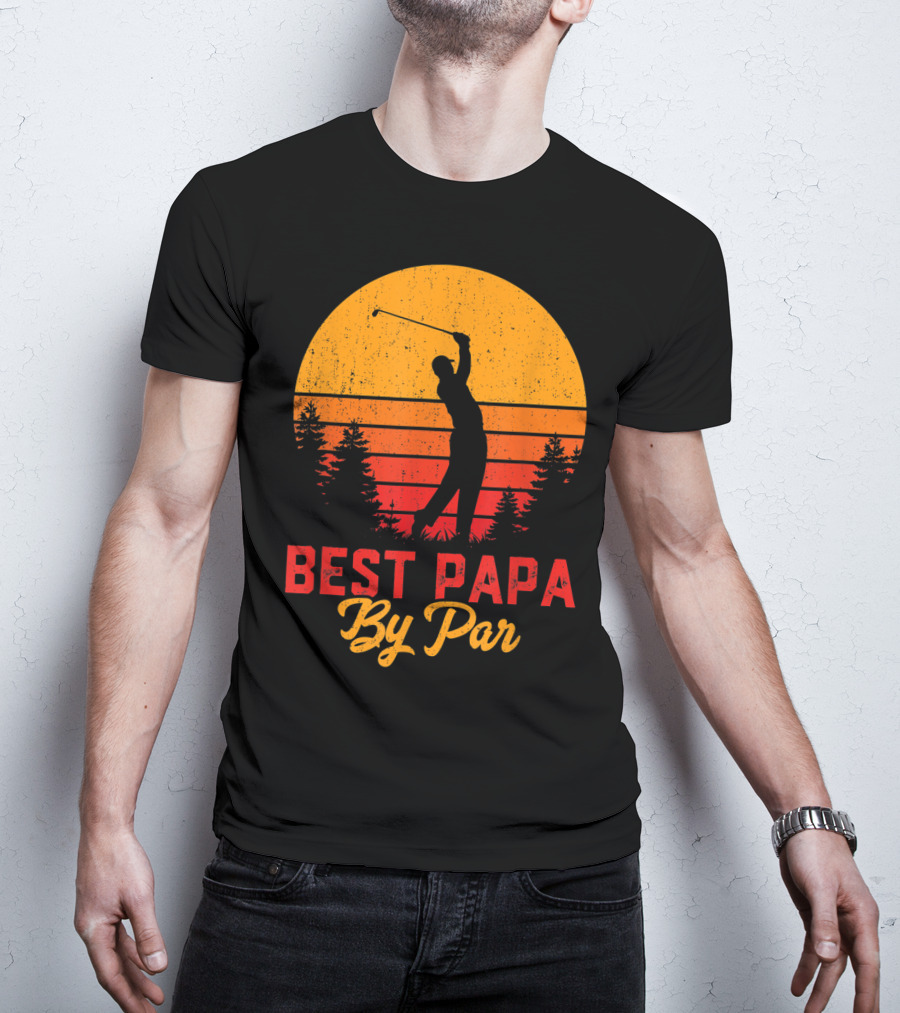 Mens Funny Father's Day Best Papa By Par Golf Silhouette Sunset T-Shirt
