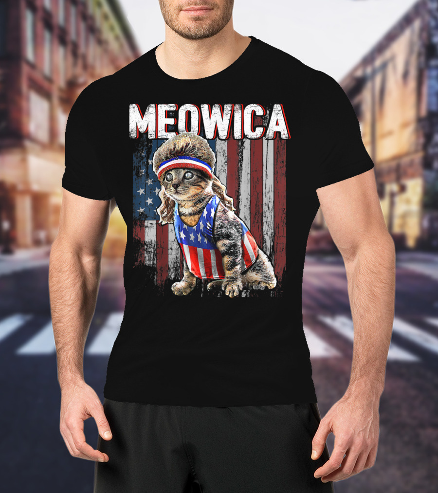 Meowica Cat Mullet American Flag Patriotic Kitten In Stars And Stripes Vest And Headband In Front Of American Flag T-Shirt