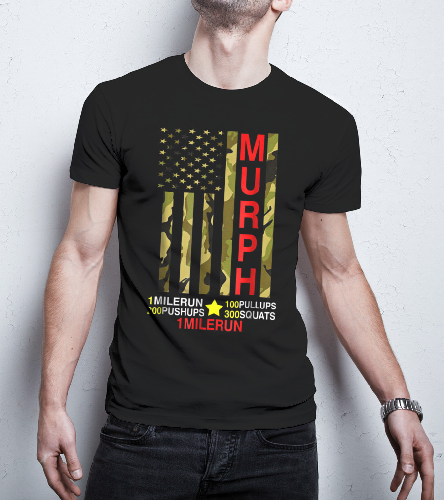 Murph Challenge Memorial Day Workout 1 Mile Run 100 Pullups 200 Pushups 300 Squats Camo Flag T-Shirt