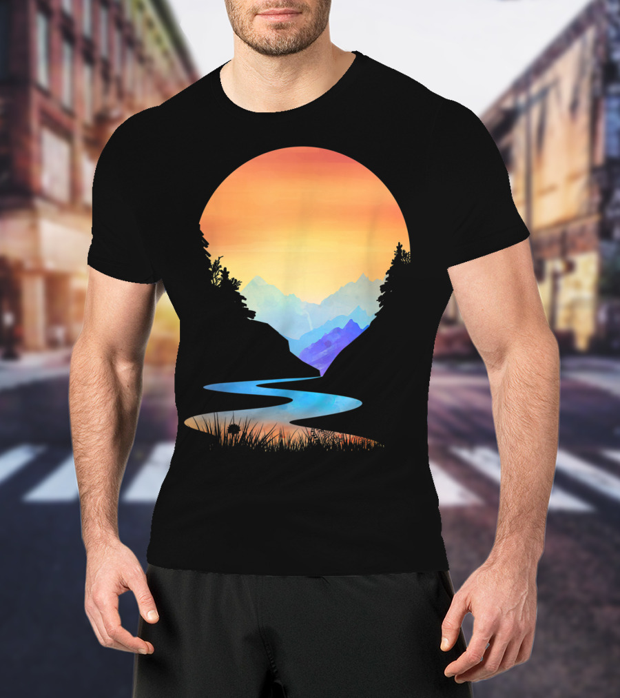 Outdoor Sunset Vintage Style Mountains Sun Nature River Landscape T-Shirt
