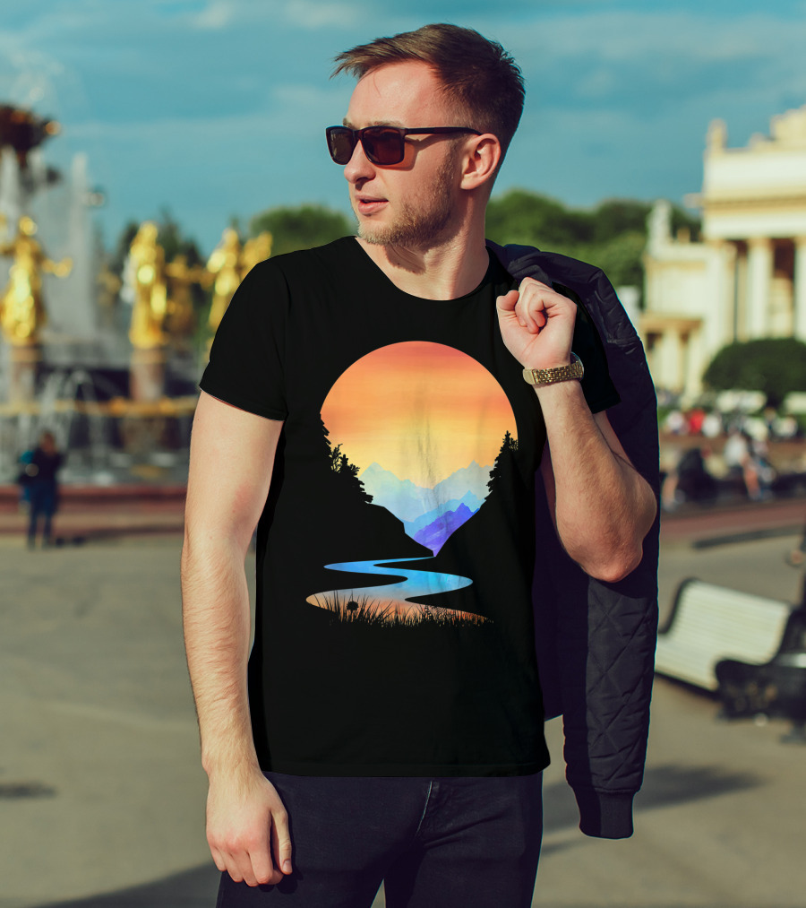 Outdoor Sunset Vintage Style Mountains Sun Nature River Landscape T-Shirt