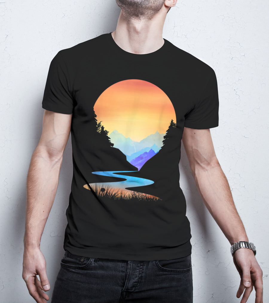 Outdoor Sunset Vintage Style Mountains Sun Nature River Landscape T-Shirt