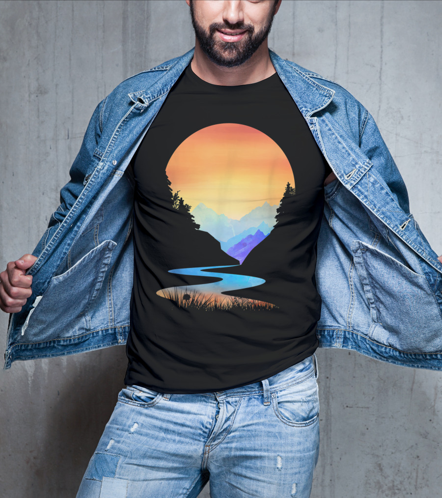 Outdoor Sunset Vintage Style Mountains Sun Nature River Landscape T-Shirt