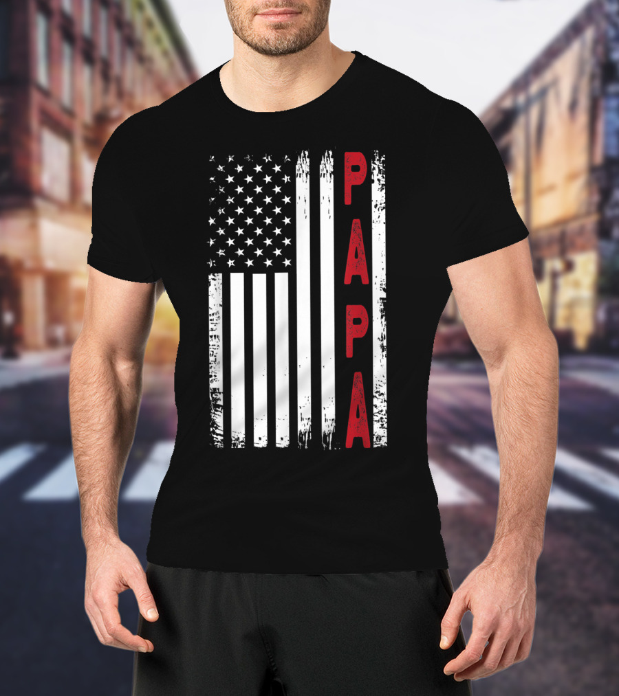 Papa Vertical Red Letters American Flag T-Shirt