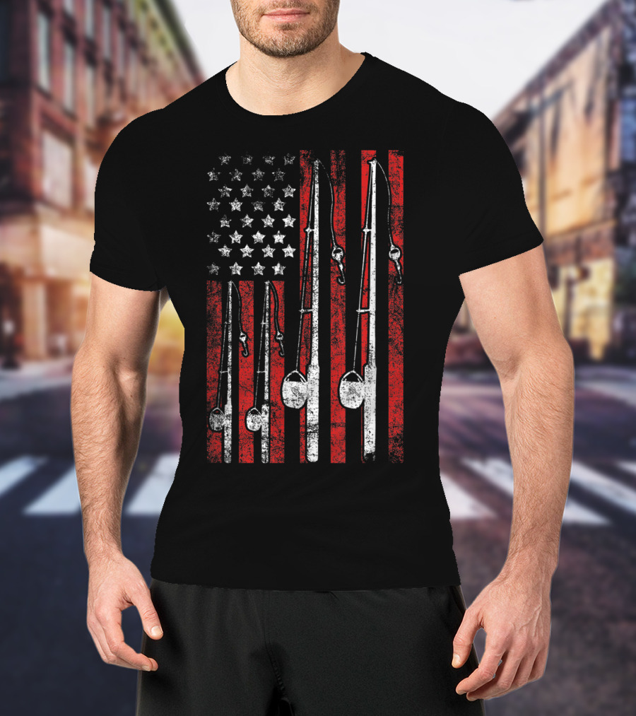 Vintage American Flag Fishing Poles T-Shirt