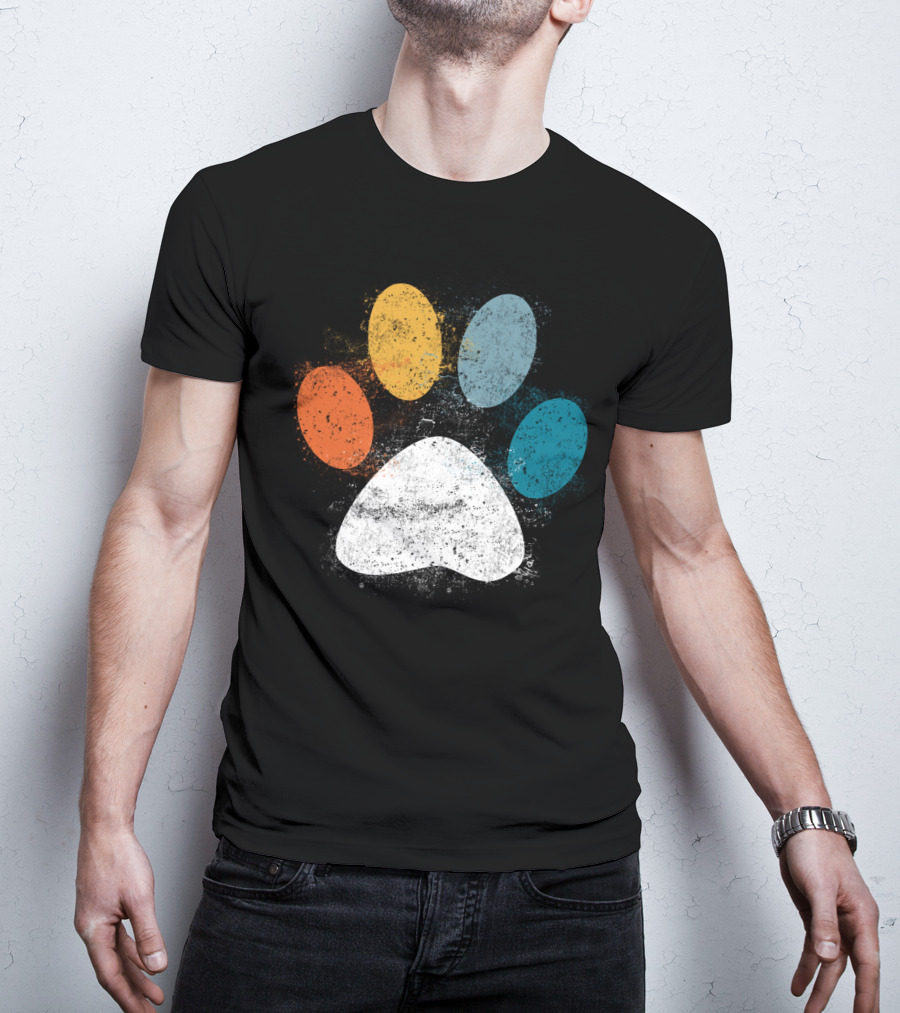 Vintage Distressed Multi-Color Dog Paw Print Love T-Shirt