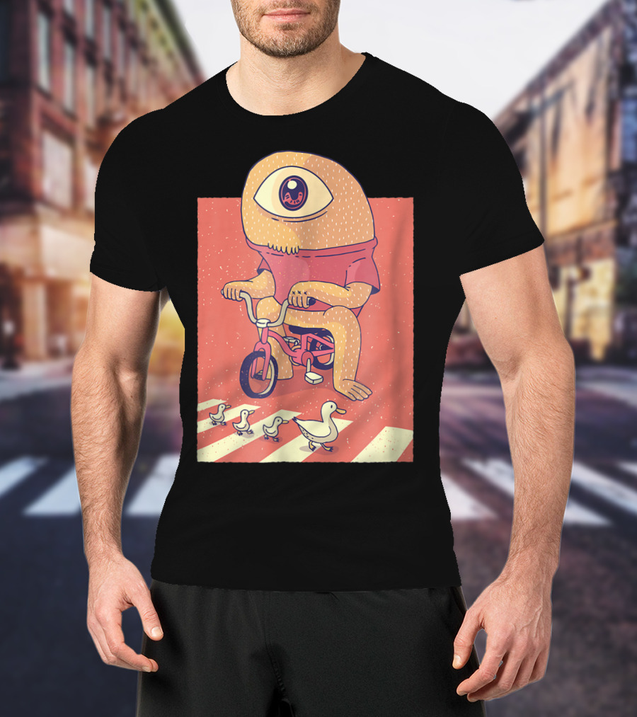 Vintage Japanese Cyclops Riding Bicycle With Ducklings Crossing T-Shirt