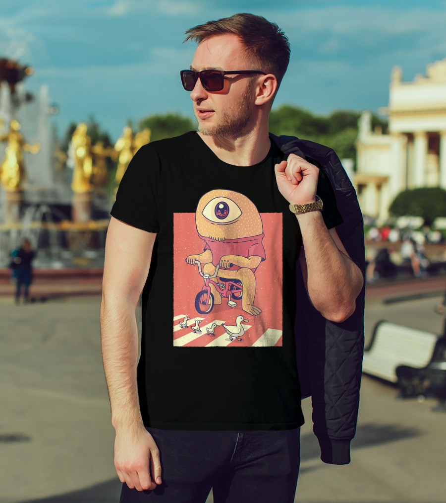 Vintage Japanese Cyclops Riding Bicycle With Ducklings Crossing T-Shirt