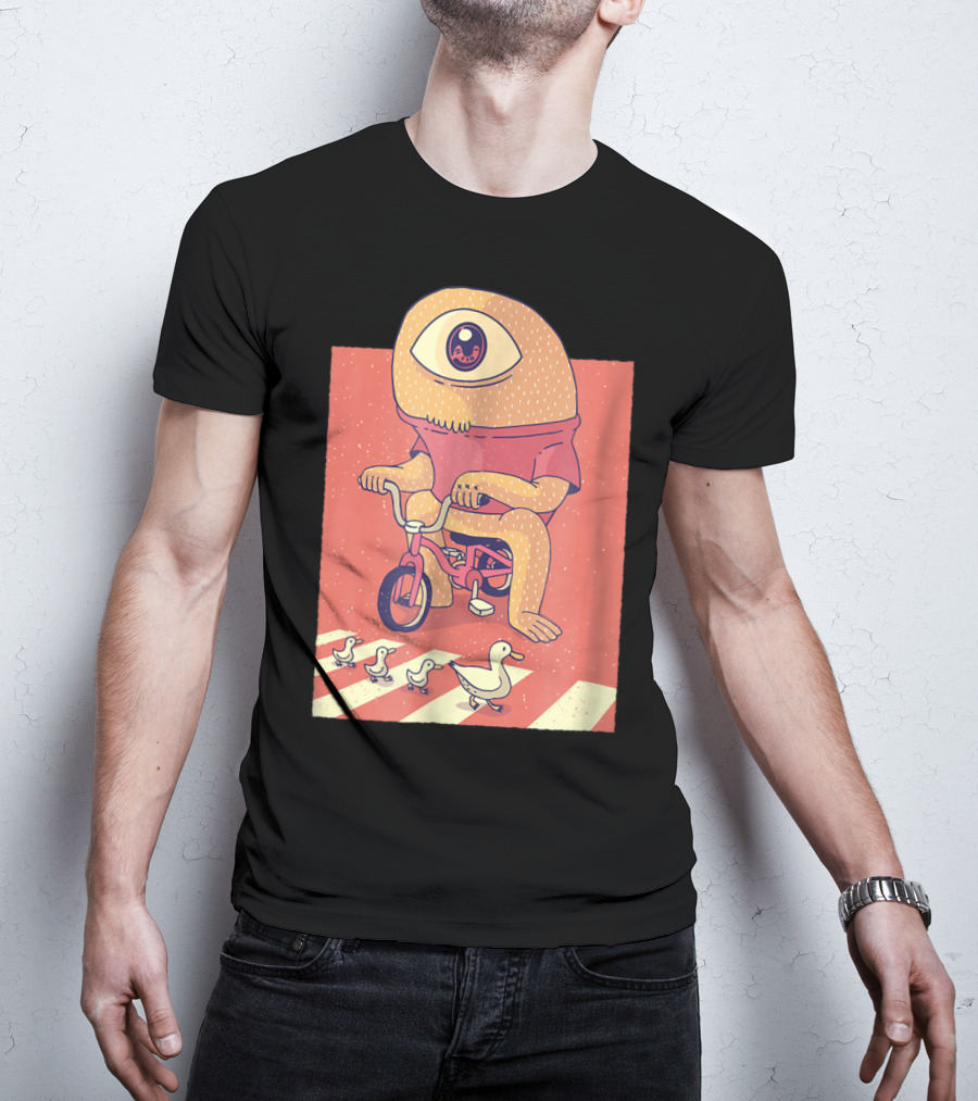 Vintage Japanese Cyclops Riding Bicycle With Ducklings Crossing T-Shirt