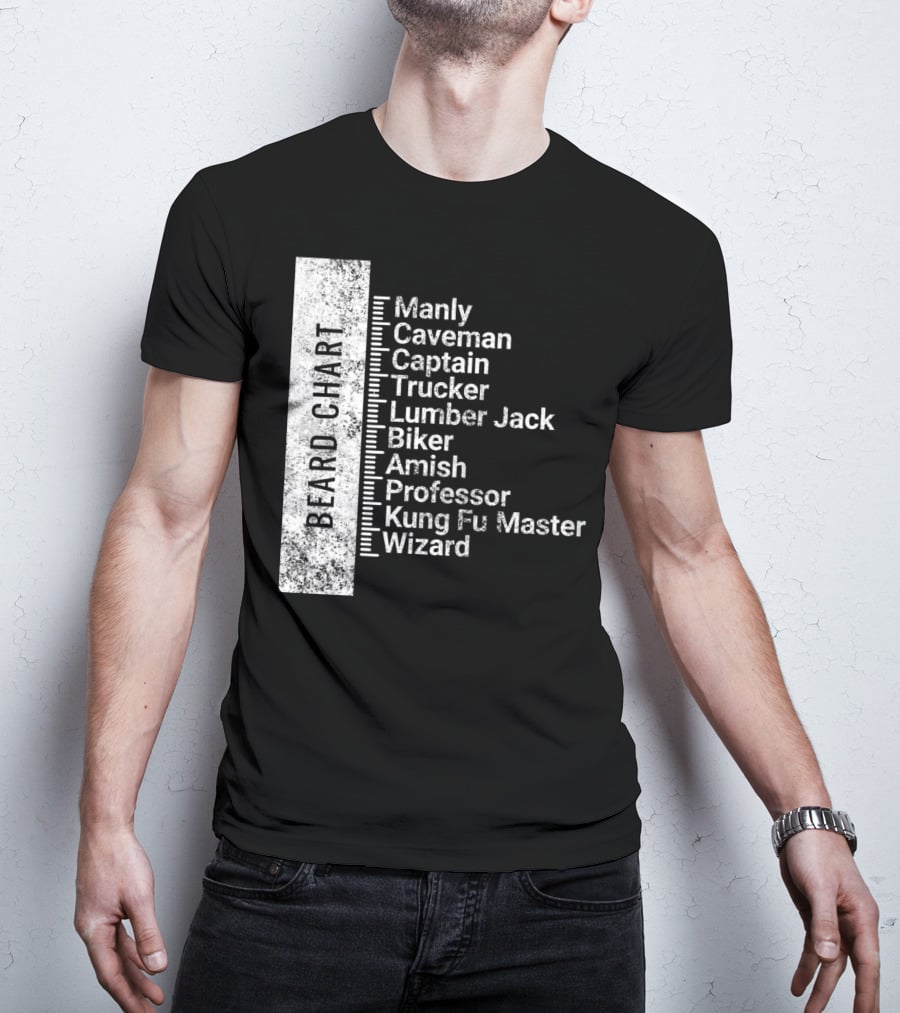 Beard Chart Manly Caveman Captain Trucker Lumberjack Biker Amish Professor Kung Fu Master Wizard T-Shirt