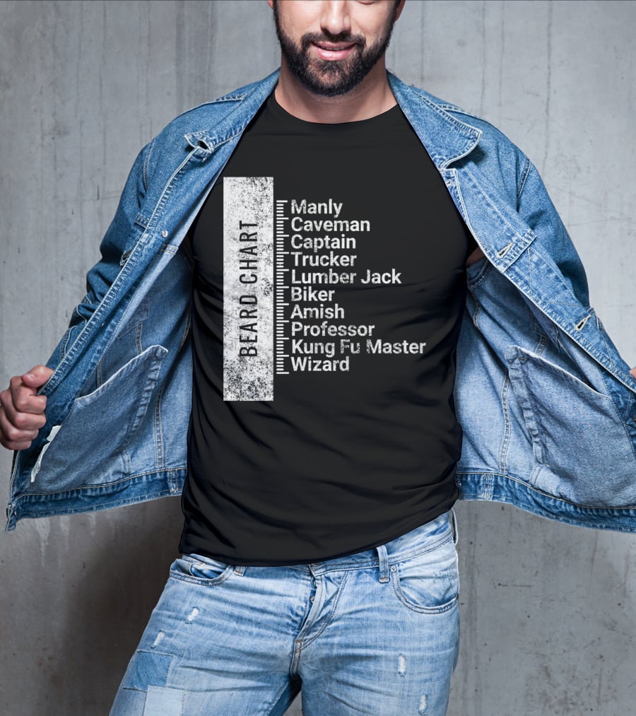 Beard Chart Manly Caveman Captain Trucker Lumberjack Biker Amish Professor Kung Fu Master Wizard T-Shirt