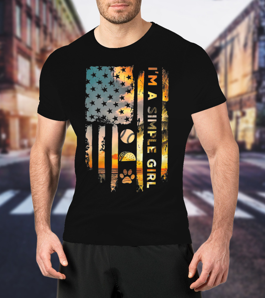 I'm A Simple Girl American Flag Softball Tacos Dogs Sunset T-Shirt
