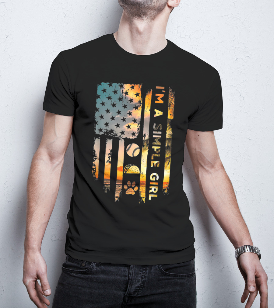 I'm A Simple Girl American Flag Softball Tacos Dogs Sunset T-Shirt