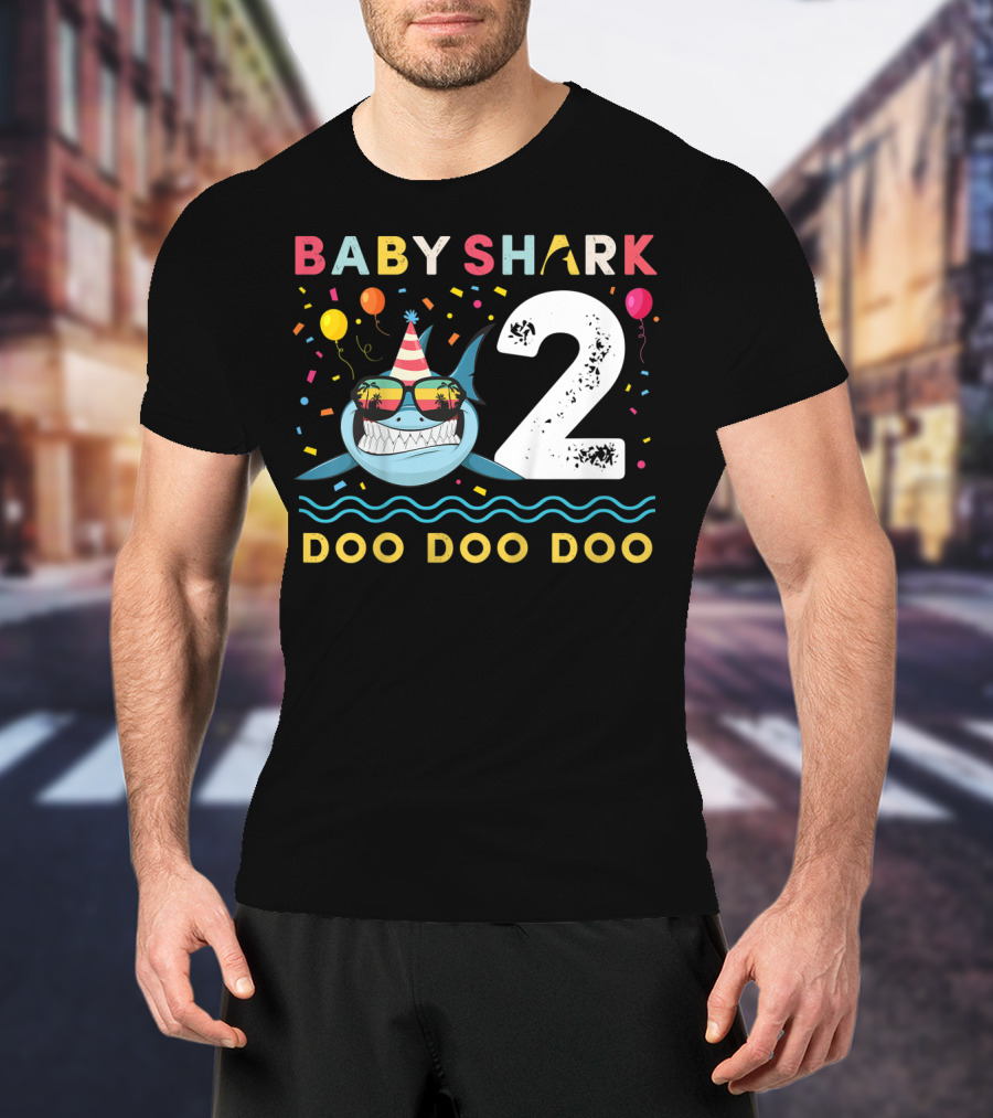Baby Shark 2nd Birthday Doo Doo Doo Toddler Kids Party Hat Balloons T-Shirt